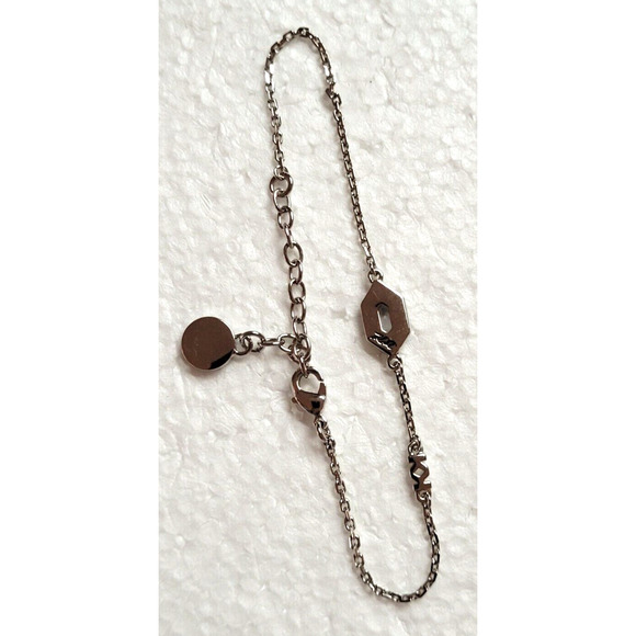 Signed Karl Lagerfeld Logo Bracelet Double K Silvertone Chain Charm Minimalist - Picture 6 of 7